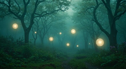 Fototapeta premium A mystical forest illuminated by floating orbs of light in the mist (안개 속에서 떠다니는 빛의 구체로 밝혀진 신비로운 숲)