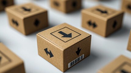 Cardboard boxes, downward arrows, warehouse, logistics, inventory management