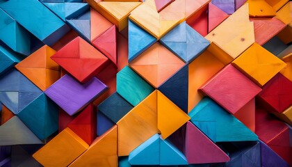Fototapeta premium A vibrant composition of interlocking geometric shapes in diverse colors, representing unity and connection. Each shape has unique textures to symbolize individuality within a collective.