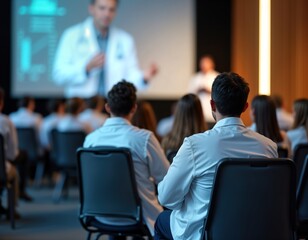 Medical professionals attend seminar at convention center. Doctor presents information to group of attentive medical team members. Attendees in uniform learning in large hall. Focus on education in