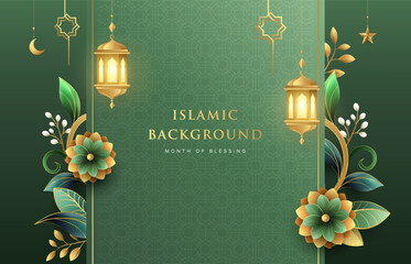 Elegant Ramadan Kareem design on green Islamic pattern background with gold ornament star, moon, flowers and lanterns. Raya and ramadan template design for poster, flyer, banner and greeting cards.