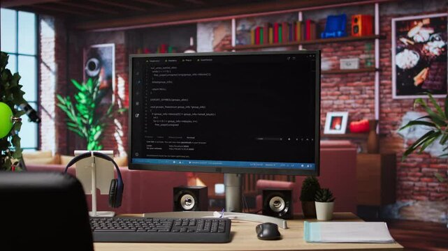 Programming language code editor software displayed on PC screen in home workspace, illustrating technology driven collaboration and highlighting lines of code powering diverse digital solutions