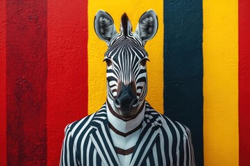 elegant design featuring a zebra in a tailored suit striking a pose that embodies style and sophistication set against a minimalist background with playful patterns