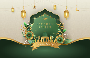 Classy Ramadan Kareem poster design template with flowers and gold islamic lanterns, star and moon. Suitable for raya and ramadan template concept.