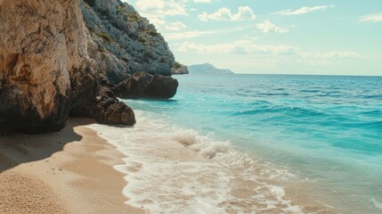 Rocky cliffs meet turquoise waters at this secluded beach along the Mediterranean coastline