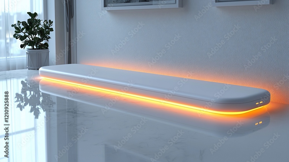 Poster Illuminated white rectangular object on a table.