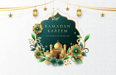Minimalist floral Ramadan Kareem greeting design on white background with gold ornament star, moon and lanterns. Suitable for raya and ramadan template concept.