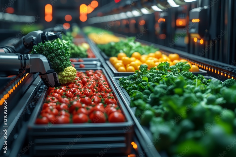 Poster modern automated facility: robots packaging fresh vegetables efficiently and precisely with cutting-