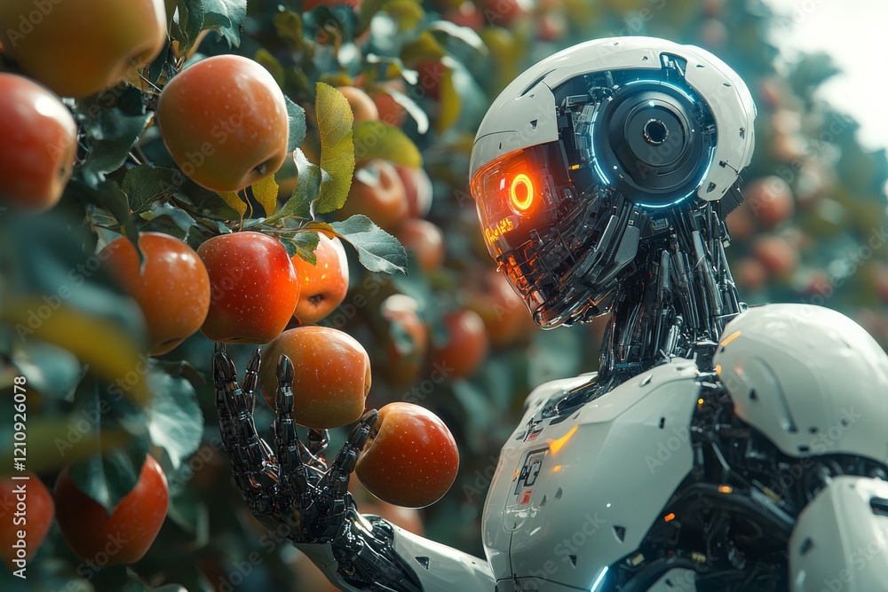 Poster harvesting tomorrow: robots picking apples in a futuristic orchard of innovation and automation