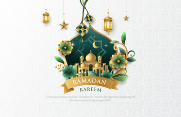 Modern Ramadan Kareem banner design with gold ornament moon, star, flowers and lanterns on white Islamic pattern background. Raya and ramadan template design for poster, banner and greeting cards.