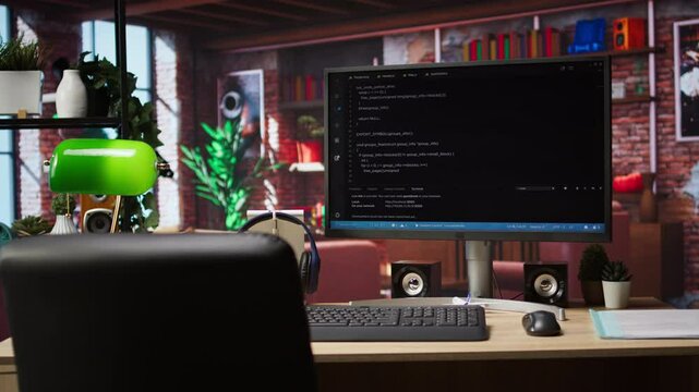 Development console visible on computer screen in modern apartment workspace. Software tools and lines of code displayed on PC monitor in home living room, technology concept