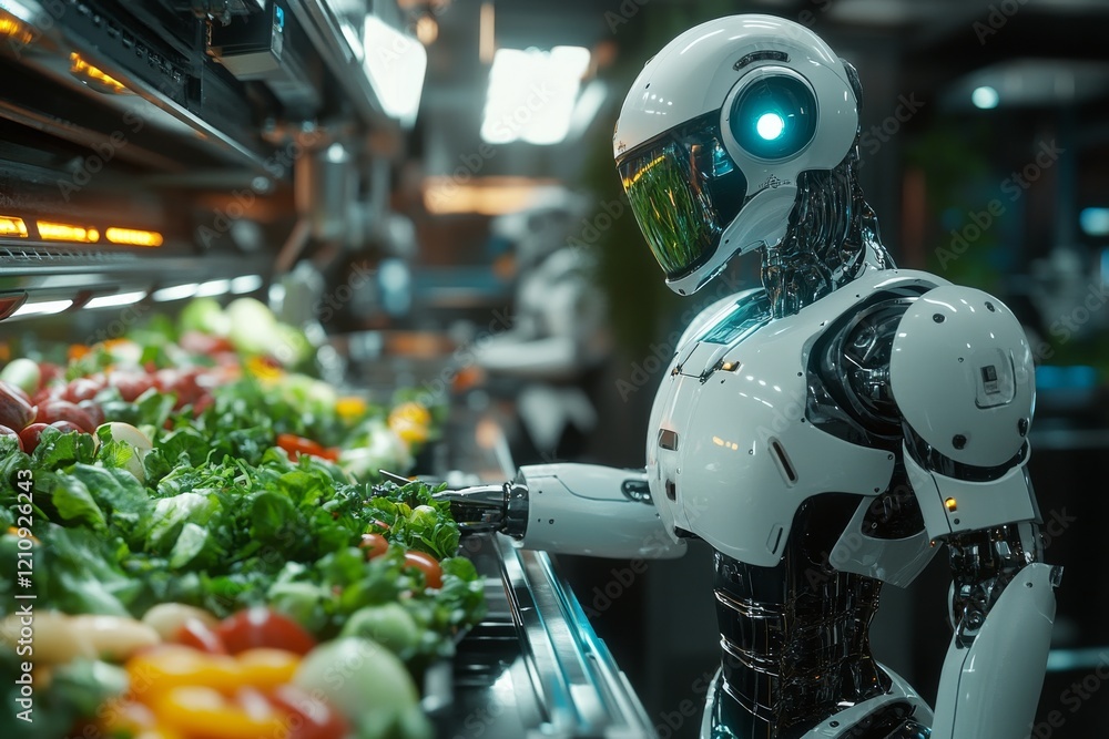 Poster futuristic salad preparation by automated robots in high-tech kitchen setting for efficient food pro