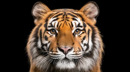 Fototapeta premium Majestic Bengal tiger looking directly at the camera against a solid black background.