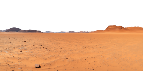 A vast desert scene showcasing a dry, arid terrain with scattered rocks and sand dunes extending toward the horizon.