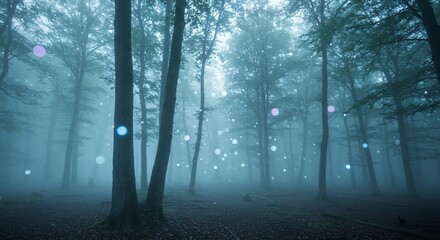 Obraz premium A mystical forest illuminated by floating orbs of light in the mist (안개 속에서 떠다니는 빛의 구체로 밝혀진 신비로운 숲)