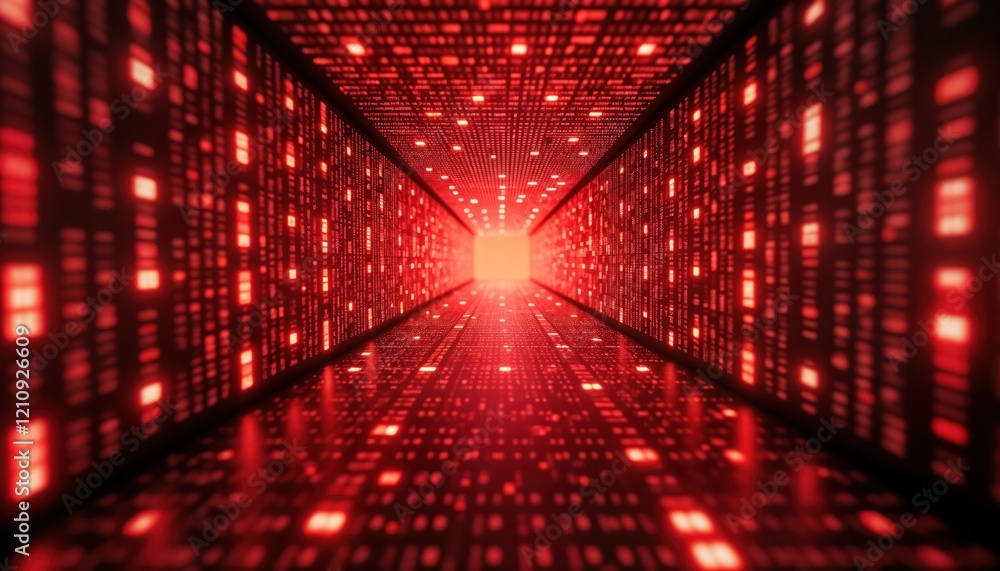 Poster abstract red tech tunnel. digital code patterns fill walls, floor. futuristic matrix design. intense