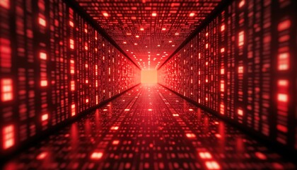 Abstract red tech tunnel. Digital code patterns fill walls, floor. Futuristic matrix design. Intense red lights create dynamic visual. Deep perspective leads to glowing central point. Modern graphic