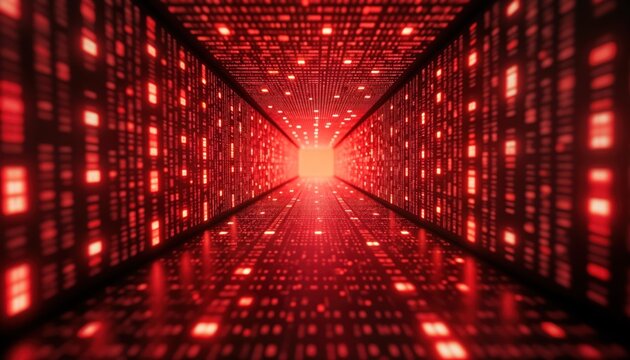 Abstract red tech tunnel. Digital code patterns fill walls, floor. Futuristic matrix design. Intense red lights create dynamic visual. Deep perspective leads to glowing central point. Modern graphic