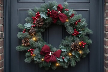 elegant holiday wreath with twinkling white lights natural pine branches red berries festive ribbons classic design