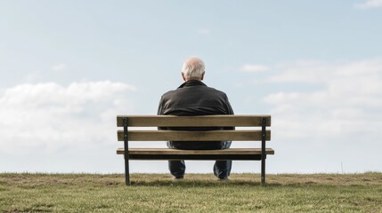 Elderly man sits alone on a park bench, gazing at the sky.