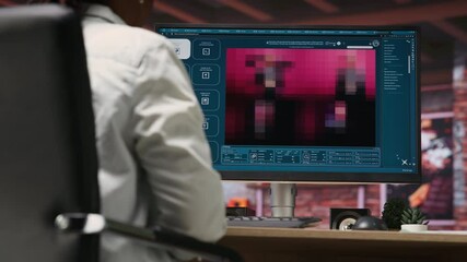 Woman in apartment workspace using AI software turning text prompt into photos and listening music. Person in brick wall home wearing headphones uses text to image generative models on PC, camera B