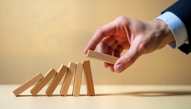 Business hand prevents dominoes from falling. Proactive intervention halts potential business crisis. Control, management of potential disruptions. Strategic decision-making safeguards stability.