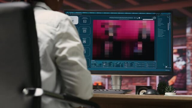 Woman in apartment workspace using AI software turning text prompt into photos and listening music. Person in brick wall home wearing headphones uses text to image generative models on PC, camera B