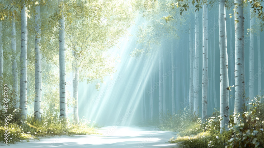 Poster a serene forest path illuminated by soft rays of sunlight filtering through tall trees.