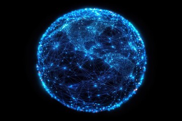 elegant network visualization with glowing blue connections across translucent globe dark background with dynamic data streams and geometric patterns