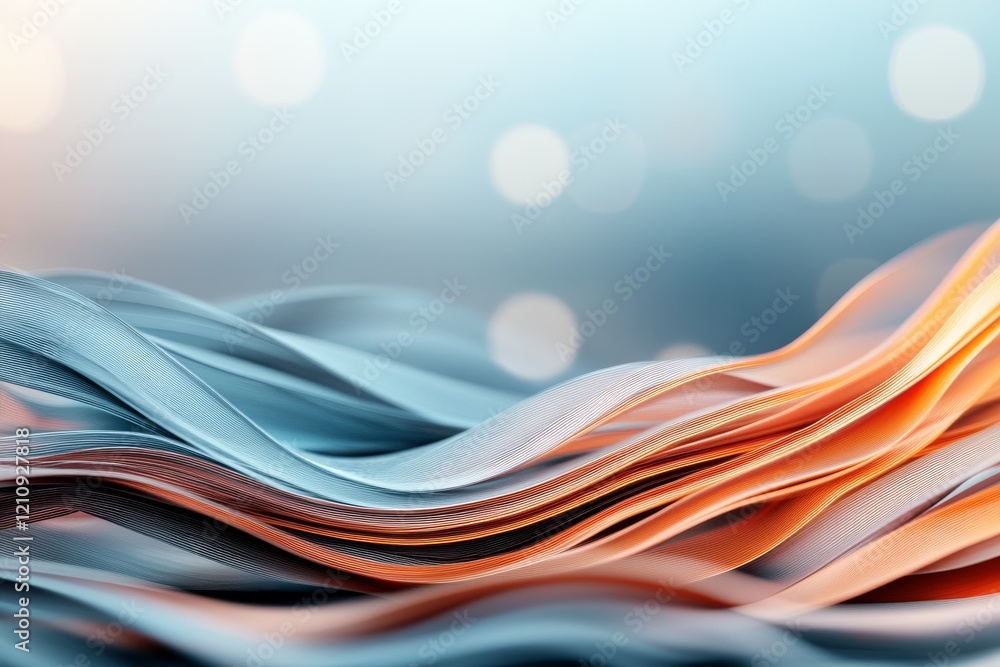 Poster abstract composition of flowing fabric ribbons with soft colors and bokeh background