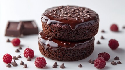Delicious stacked chocolate cakes topped with glossy icing, surrounded by fresh raspberries and chocolate pieces