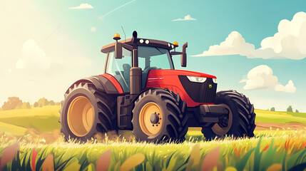 Fototapeta premium Electric tractor working on a sustainable farm, modern design, bright daylight. Electric Fields. Illustration