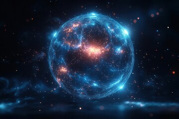 Obraz premium elegant network visualization with glowing blue connections across translucent globe dark background with dynamic data streams and geometric patterns