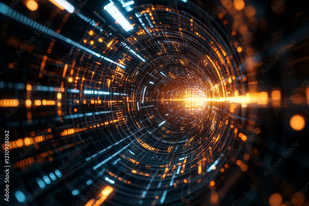 Poster abstract representation of light trails moving through a digital tunnel with vibrant colors and dyna