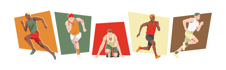 Set of male sprinter runner with different pose, gesture. Isolated on white background. Vector illustration.