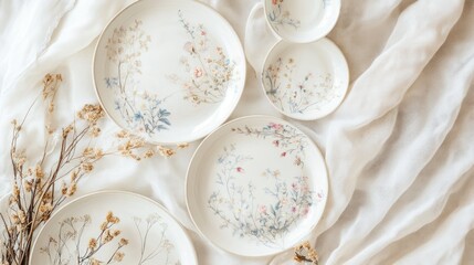 Floral plates arranged on fabric; dried flowers, flatlay, tableware, home decor