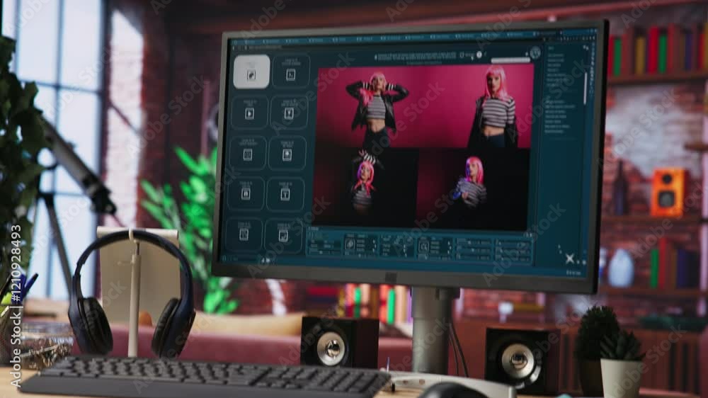 Fototapete Computer in home office uses artificial intelligence generating images from basic text prompts. AI GPT generating photographs using computer vision and natural language processing, jib up shot