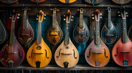 Naklejka premium Celebrating the Artistry and Diversity of Mandolins: A Vibrant Collection of Stringed Instruments