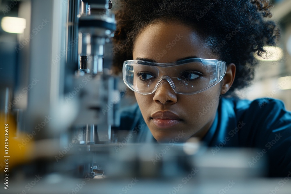 Poster young engineer working diligently in a laboratory setting focused on a precision instrument