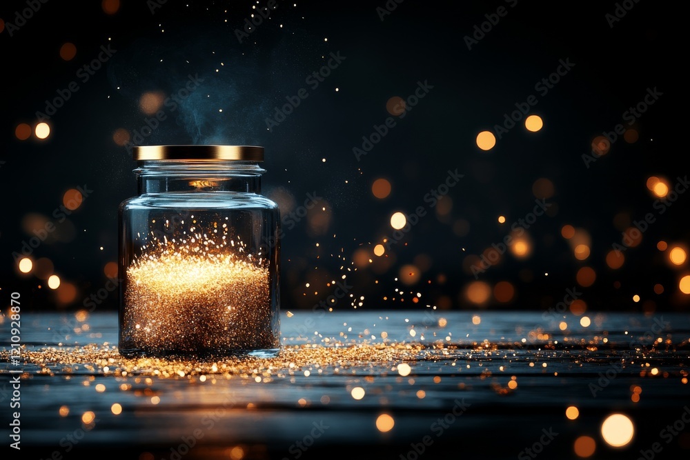 Poster magical jar filled with shimmering glitter against a dark backdrop creating a mystical atmosphere in