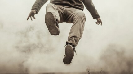 Low angle view of a person jumping, legs and feet in focus, smoky background.
