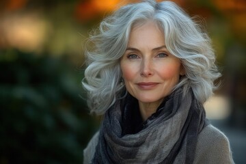 Naklejka premium elegant senior woman in garden setting natural light sophisticated style genuine joy silver hair glowing