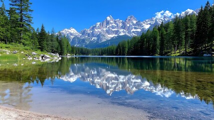 Serene Mountain Lake with Crystal Clear Water and Majestic Reflection