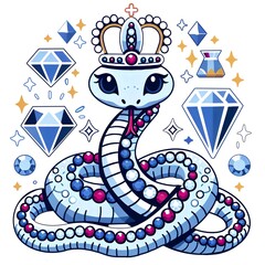 Cartoon snake with a crown surrounded by diamonds and gems in a playful, decorative style, symbolizing charm, luxury, and fantasy