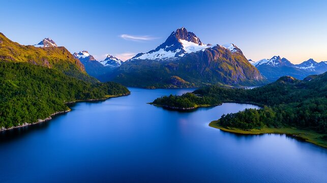 Serene mountain lake with snow-capped peaks under a vibrant summer sky