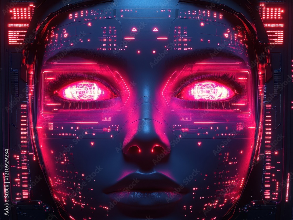 Poster futuristic digital face with glowing eyes and circuit patterns.