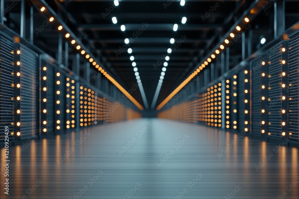 Poster illuminated walkway with glowing lights and modern architecture at night in an urban setting