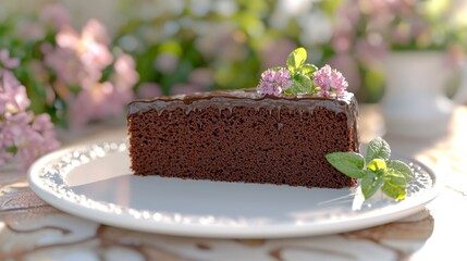 Chocolate cake slice, garden setting, spring flowers, dessert plate