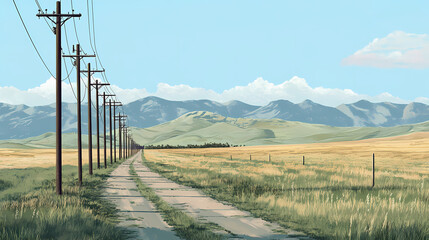 Obraz premium Row of electric poles along a rural road, with fields and mountains in the distance. Electric Fields. Illustration