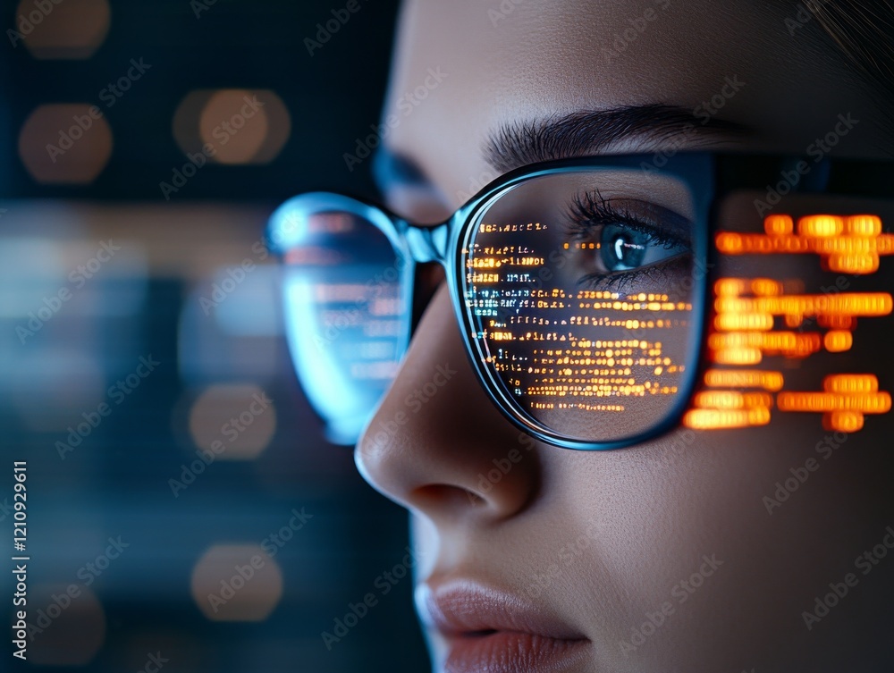 Poster focused coder analyzes software code reflected in glasses during night work session